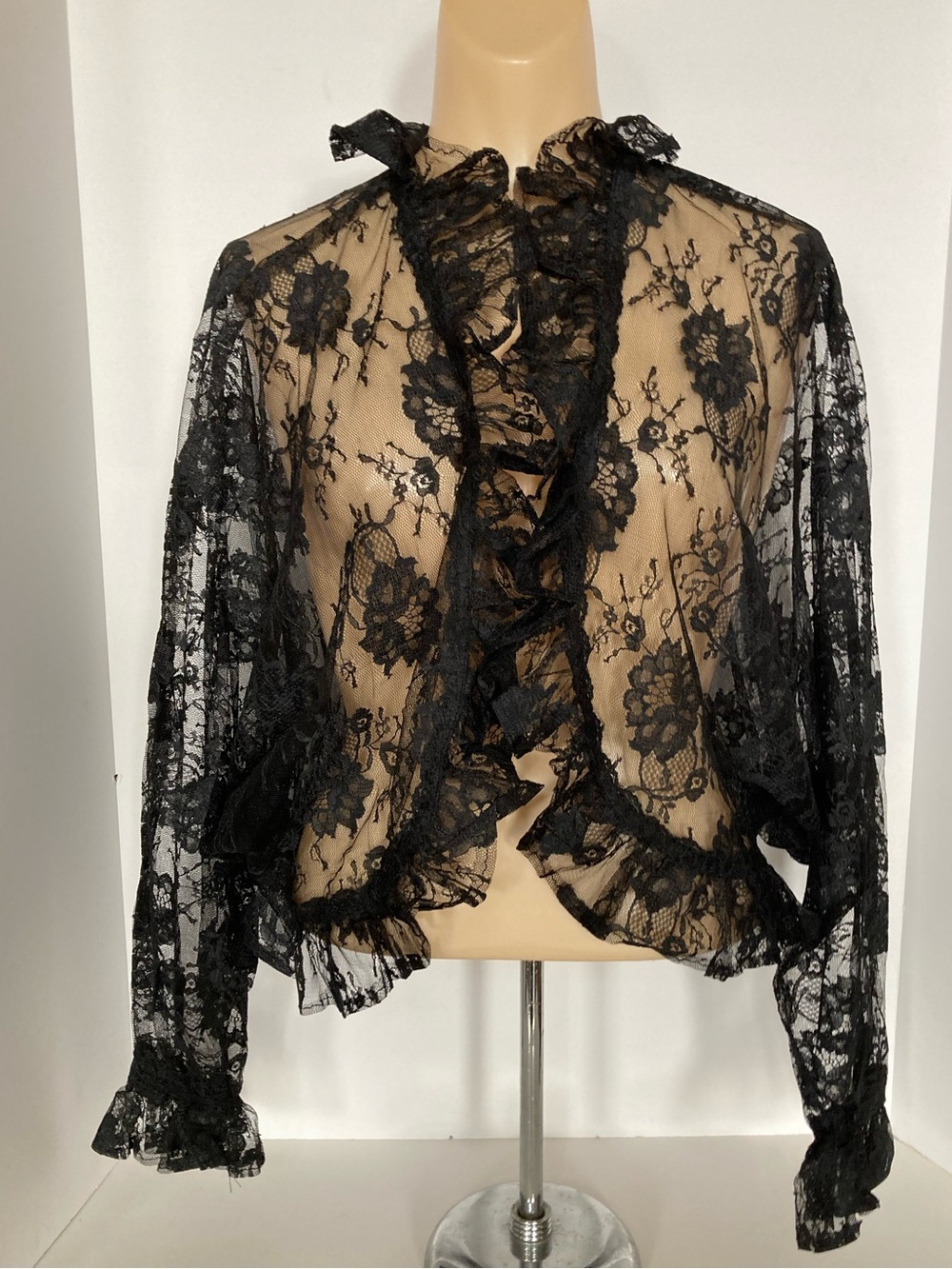 Sheer Black Lace Ruffle, Open Front Jacket. Item # SSjkt3